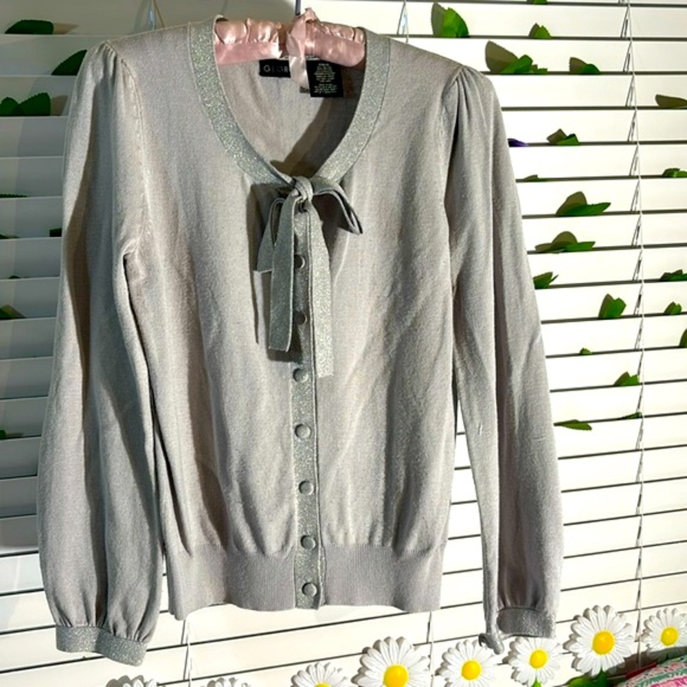 George gray cardigan sweater with tie neck and metallic trim
